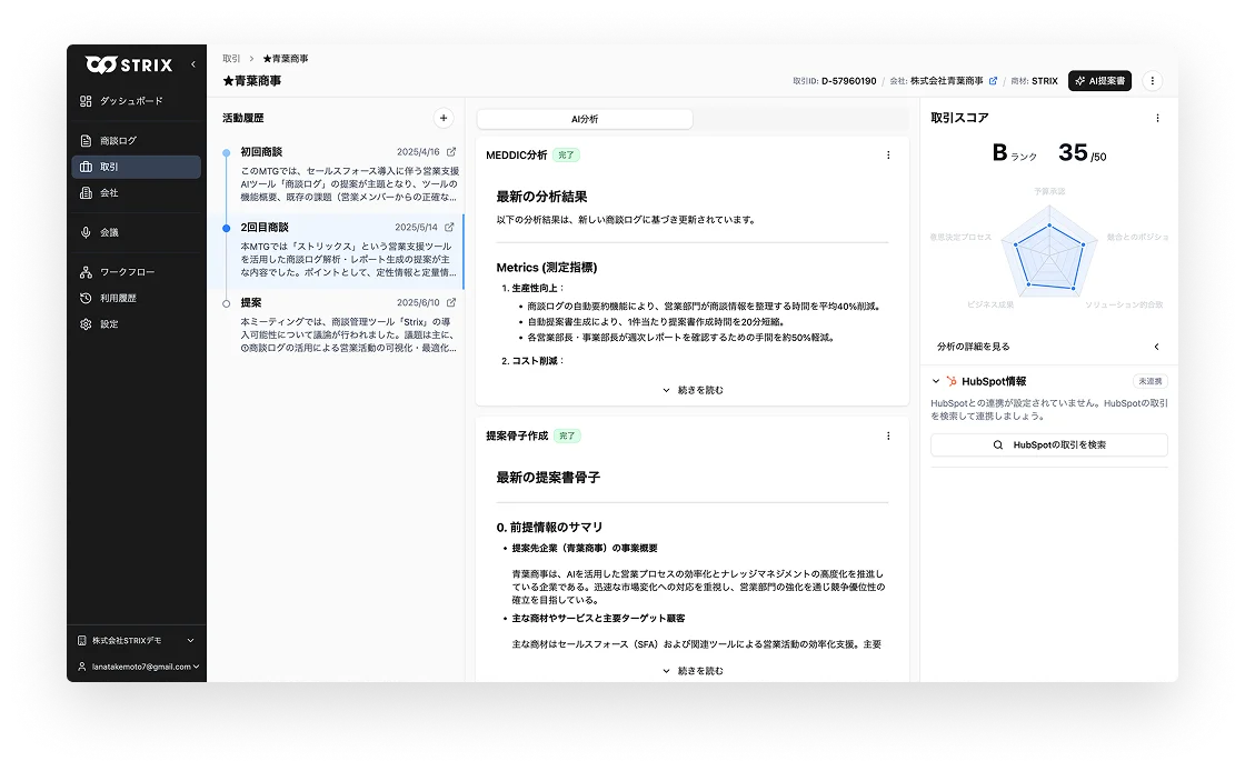 単一商談ログを分析した画面