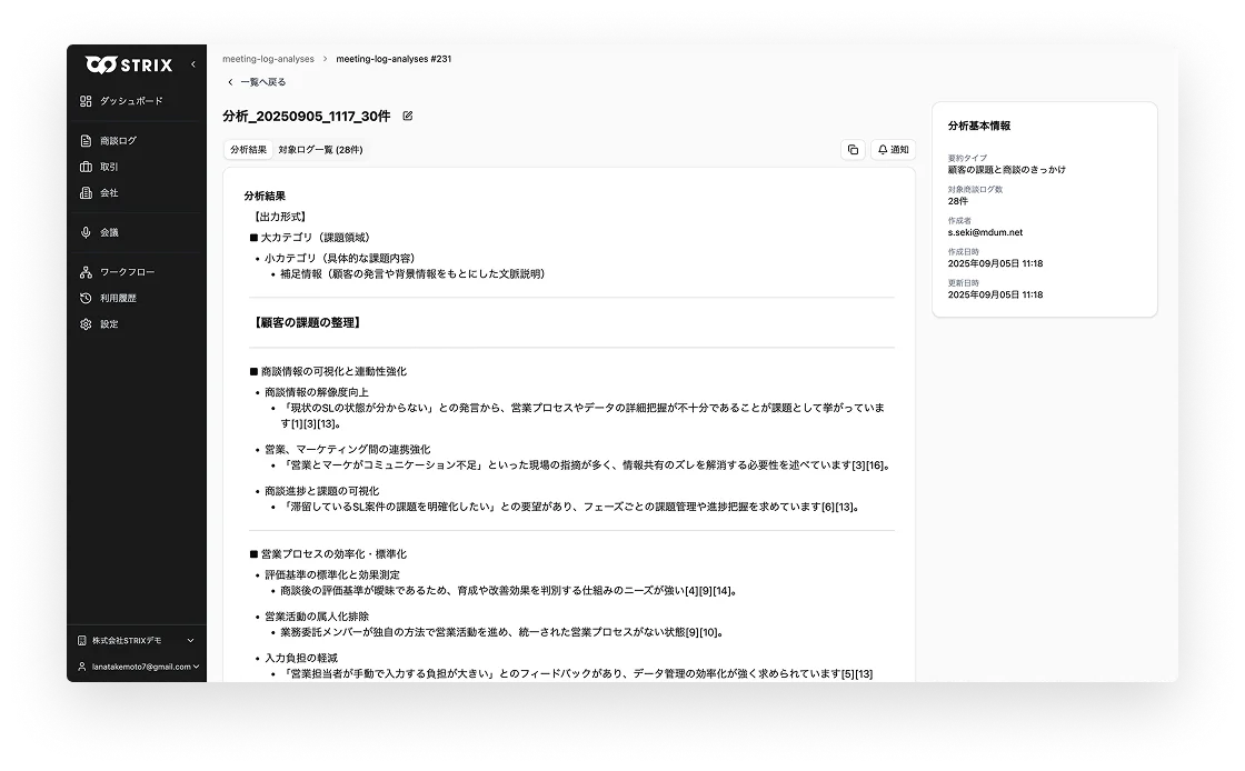 複数の商談ログを横断分析した画面