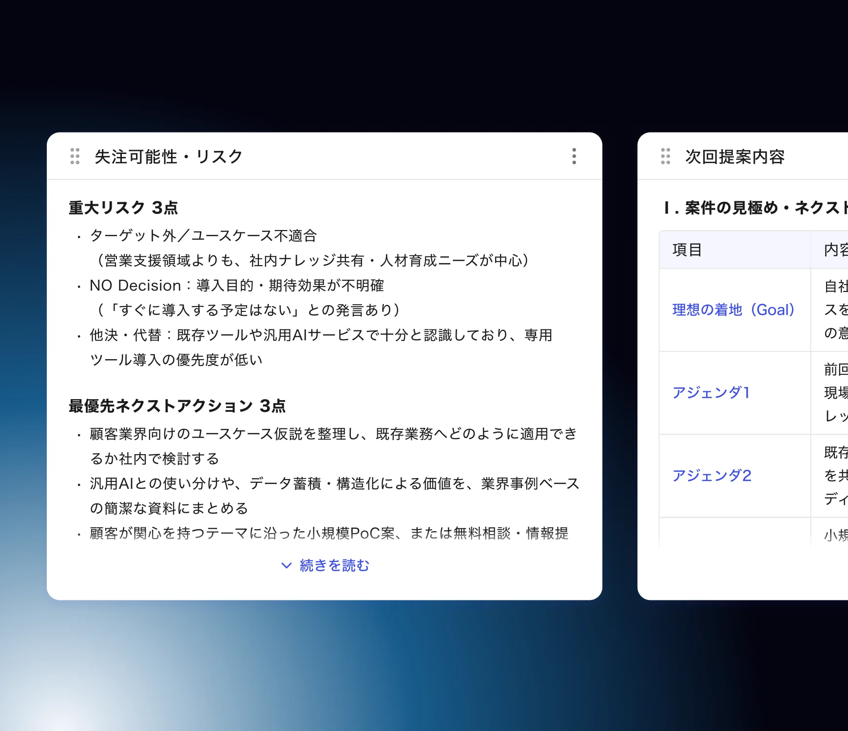 失注可能性やリスク、次回商談のアジェンダ提案を示す取引画面