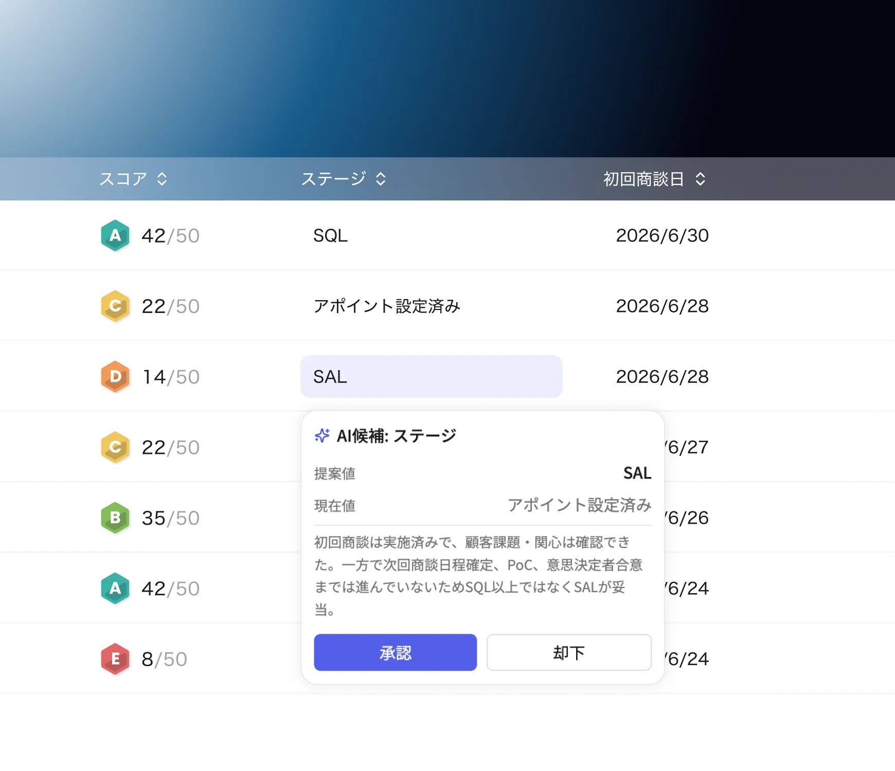 AIサジェストを表示する取引一覧画面